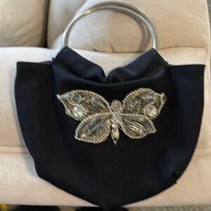 Handbag- black with Crystal butterfly metal handles 9" long 8 3/4" wide